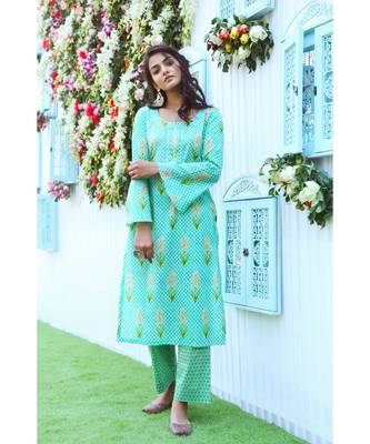turquoise printed cotton stitched kurti sets 1