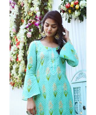 turquoise printed cotton stitched kurti sets 2