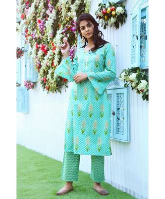 turquoise printed cotton stitched kurti sets 3