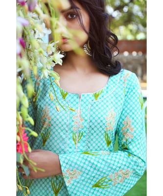 turquoise printed cotton stitched kurti sets 4