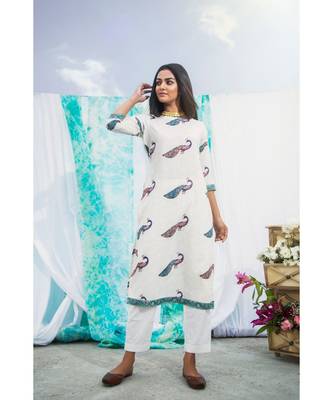 white printed cotton stitched kurti sets 1