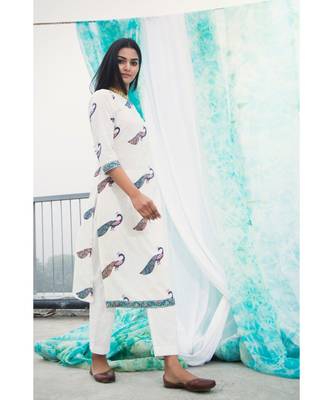 white printed cotton stitched kurti sets 2