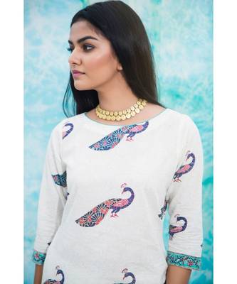 white printed cotton stitched kurti sets 3