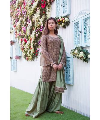 brown printed cotton stitched kurti sets 2