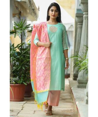 turquoise printed chanderi stitched kurti sets 1