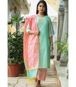 turquoise printed chanderi stitched kurti sets