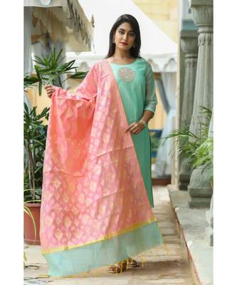 turquoise printed chanderi stitched kurti sets 2