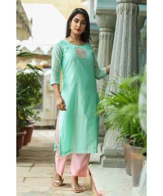turquoise printed chanderi stitched kurti sets 3