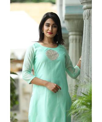 turquoise printed chanderi stitched kurti sets 4