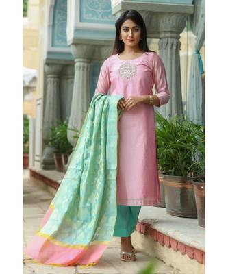 pink printed chanderi stitched kurti sets 1