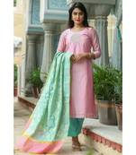 pink printed chanderi stitched kurti sets