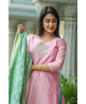 pink printed chanderi stitched kurti sets 2