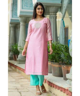 pink printed chanderi stitched kurti sets 3