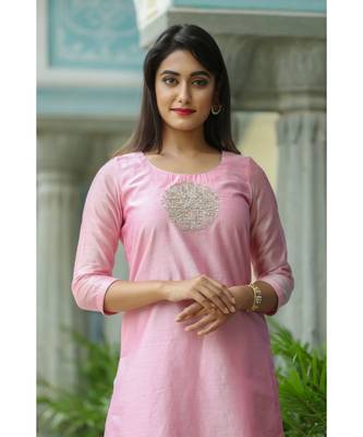 pink printed chanderi stitched kurti sets 4