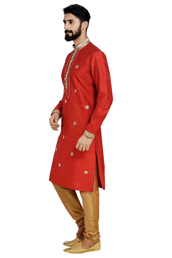Red Stylish Pintex Silk Kurta Set