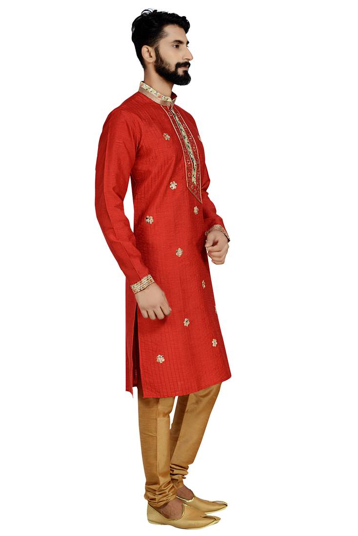 Red Stylish Pintex Silk Kurta Set