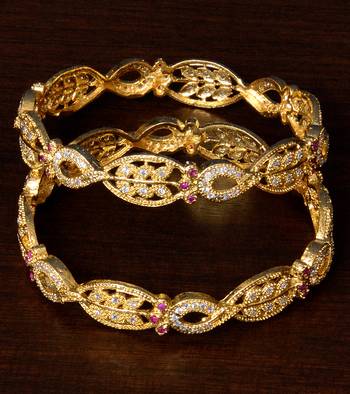 White Gold Plated American Diamond and Ruby Embellished Designer Bangles BD304 1