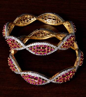 White Gold Plated American Diamond and Ruby Embellished Designer Bangles BD308 1