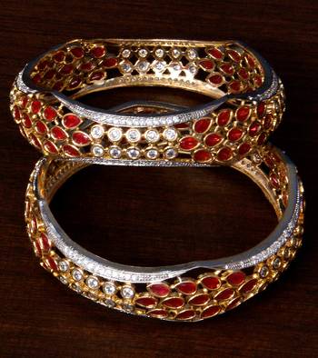 White Gold Plated American Diamond and Red Stone Embellished Designer Bangles BD309 1