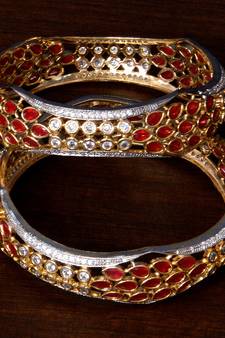 White Gold Plated American Diamond and Red Stone Embellished Designer Bangles BD309