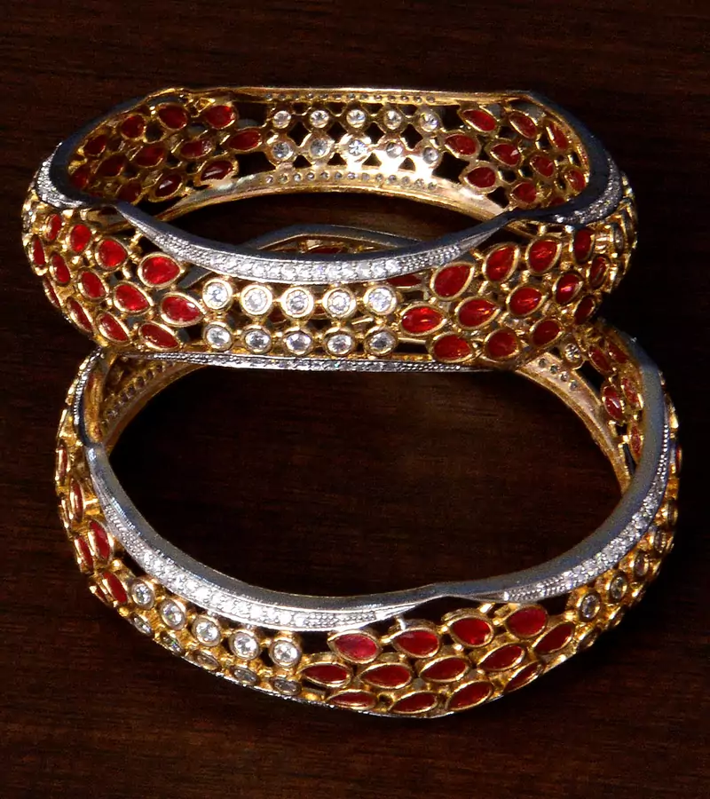 White Gold Plated American Diamond and Red Stone Embellished Designer Bangles BD309