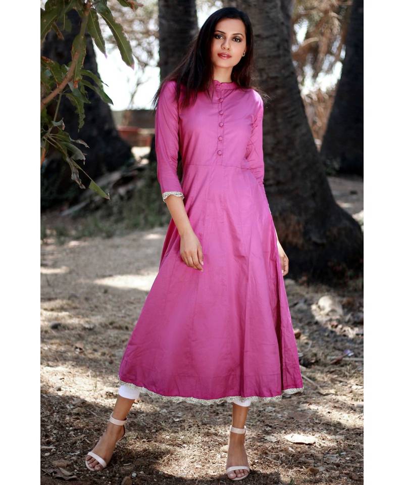 DARK PINK printed cotton stitched party wear kurtis