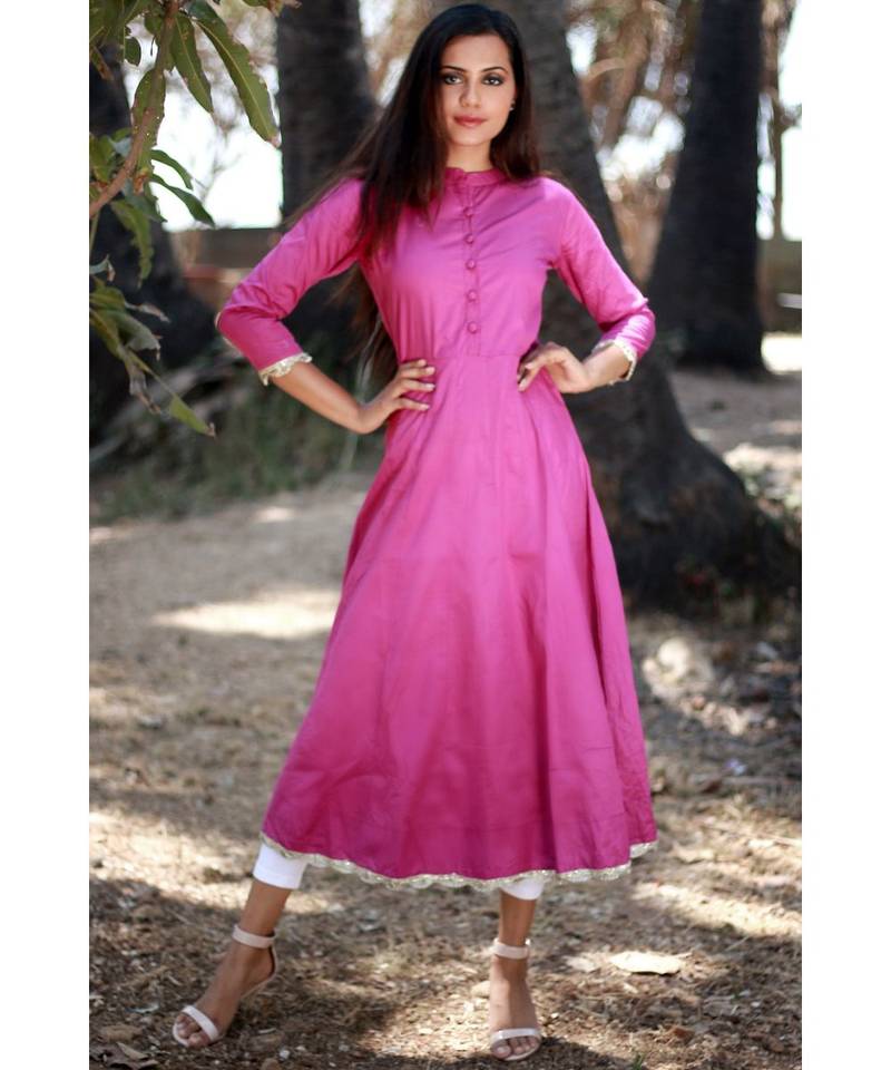 DARK PINK printed cotton stitched party wear kurtis