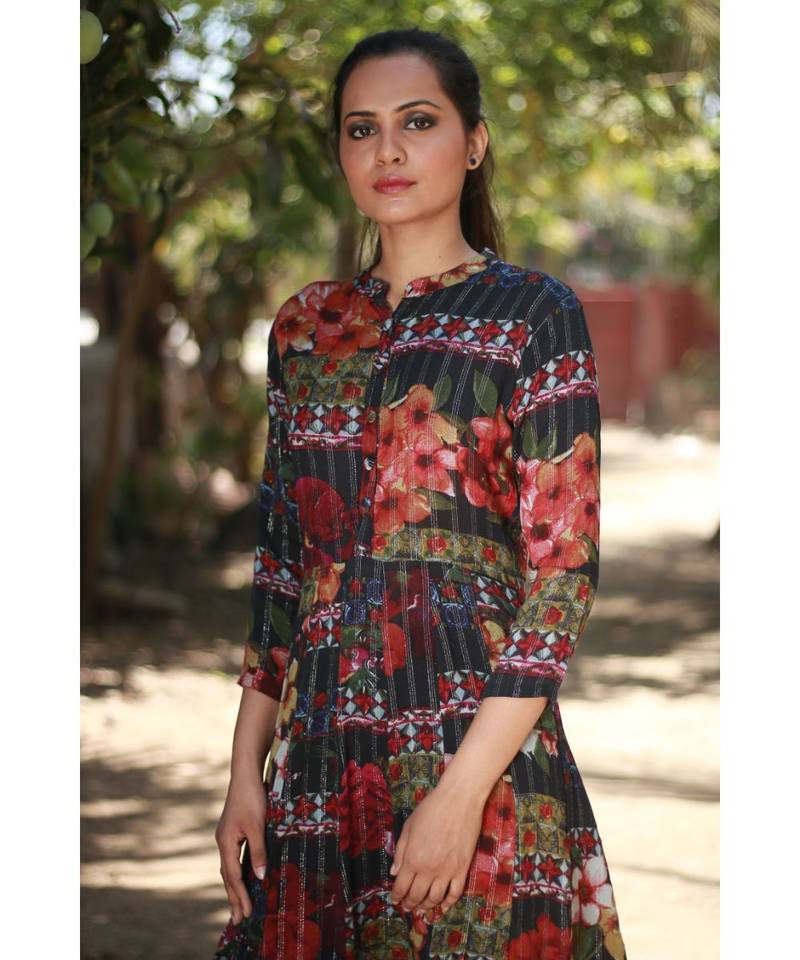 BLACK printed Rayon stitched party wear kurtis