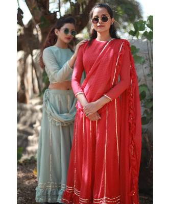RED plain georgette readymade saree 2