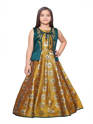 yellow embroidered polyester stitched girls gown 2