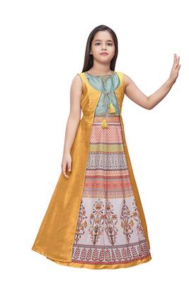 gold printed polyester stitched girls gown 1
