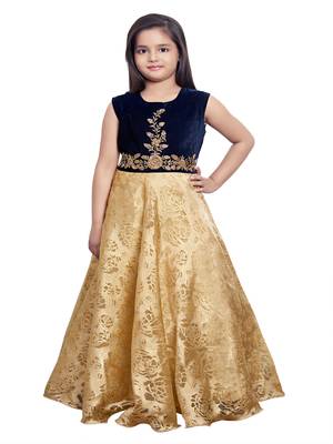 blue embroidered velvet stitched girls gown 2