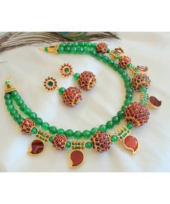 Beautiful Green Agate Kemp Rudhra Balls Mango Designer Necklace Set 1