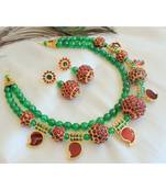 Beautiful Green Agate Kemp Rudhra Balls Mango Designer Necklace Set