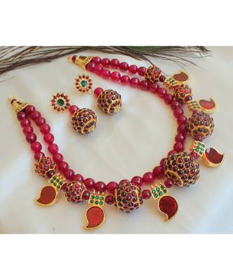Beautiful Ruby Agate Green Kemp Rudhra Balls Designer Necklace Set 1