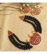 Beautiful Kemp Green Black Agates Pearl Moon Designer Temple Necklace Set