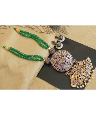 Beautiful Blue Green Agates Big Pendant Designer Temple Necklace Set 1