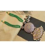Beautiful Blue Green Agates Big Pendant Designer Temple Necklace Set