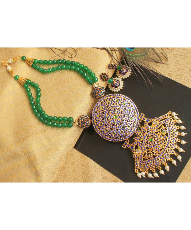 Beautiful Blue Green Agates Big Pendant Designer Temple Necklace Set