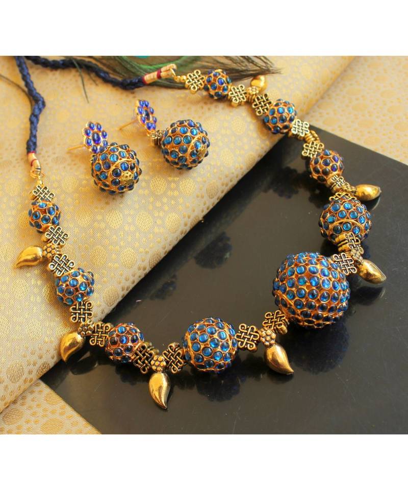 Beautiful Blue Rudhra Balls Mango Designer Necklace Set