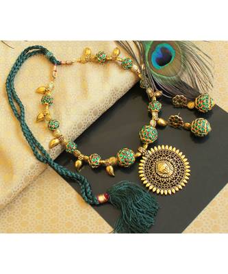 Beautiful Green Rudhra Balls Durga Pendant Designer Necklace Set 1