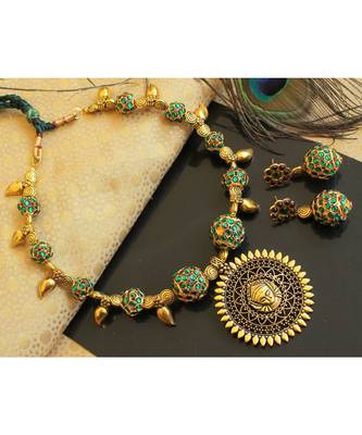 Beautiful Green Rudhra Balls Durga Pendant Designer Necklace Set 2
