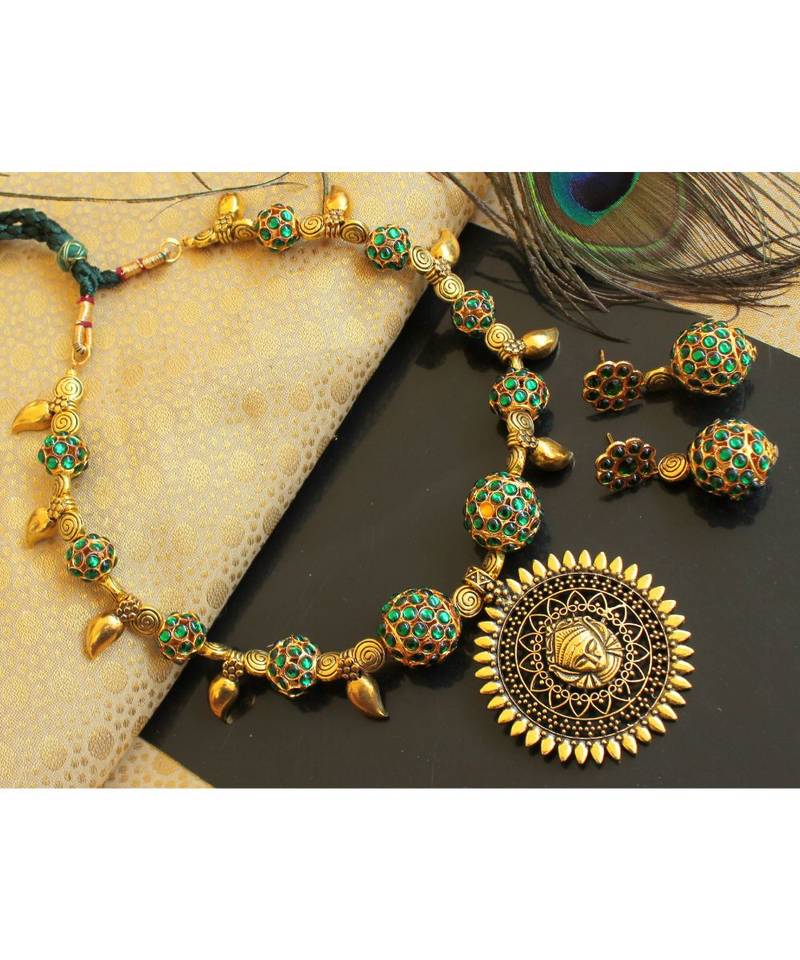 Beautiful Green Rudhra Balls Durga Pendant Designer Necklace Set