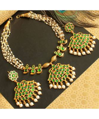 Beautiful Green Pearl Designer Temple Necklace Set 1