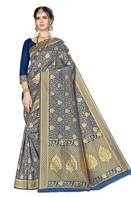 Navy Blue Woven Banarasi Saree With Blouse 1