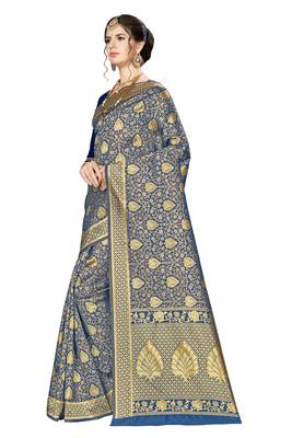 Navy Blue Woven Banarasi Saree With Blouse 2
