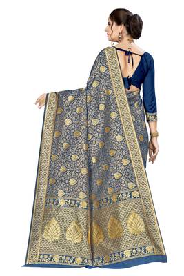 Navy Blue Woven Banarasi Saree With Blouse 3