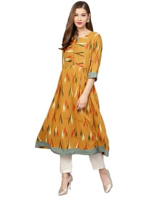 Mustard printed cotton long-kurtis 1