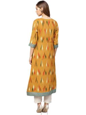 Mustard printed cotton long-kurtis 2