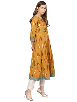 Mustard printed cotton long-kurtis 3
